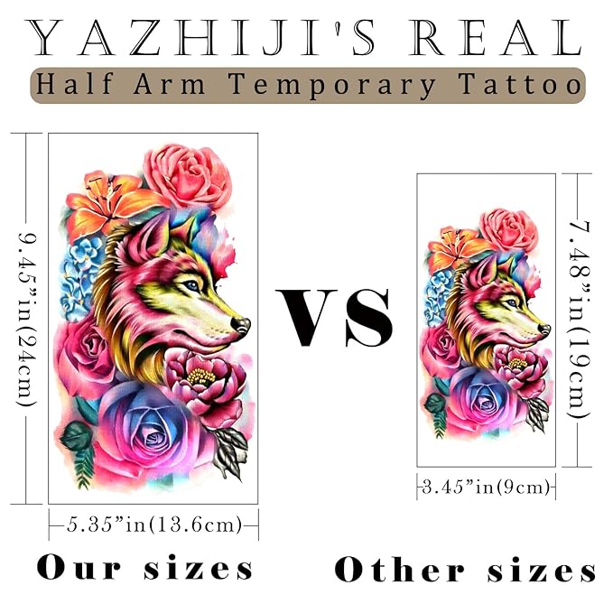 Yazhiji 49 sheets Large Flowers Skull Waterproof Temporary Tattoos for Women and Girls, Realistic Tiger Wolf Bird Temporary Fake Tattoo for Kids or Adults