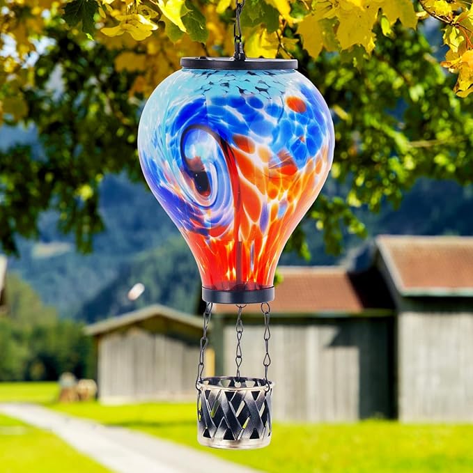 Starsoul 2 PC Hot Air Balloon Solar Lantern with Flame Glass Outdoor Hanging Hot Air Balloon Solar Light Waterproof Garden Patio Yard Party Decorations