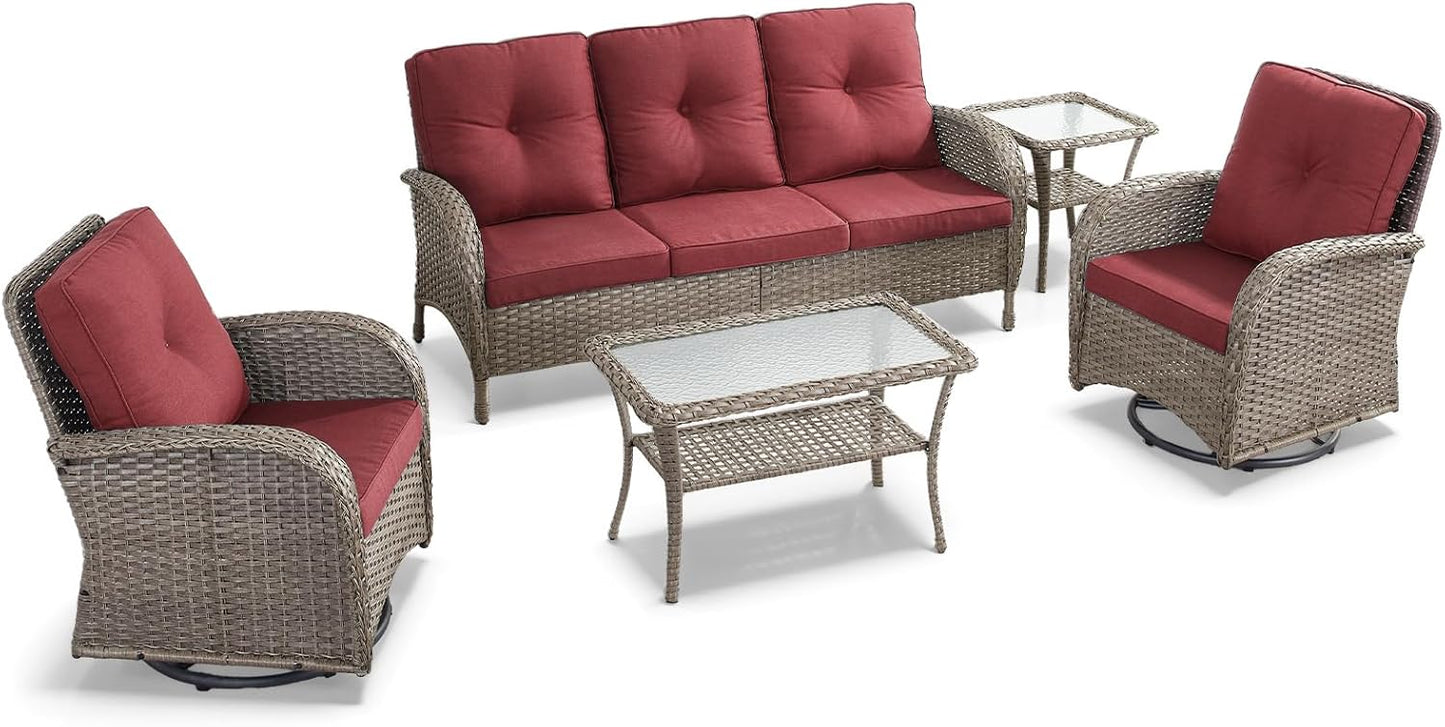 HUMMUH Wicker Patio Furniture Set-All Weather Rattan Patio Sofa Set with Swivel Rocker Chairs Outdoor Conversation Set for Deck Lawn Porch Balcony Poolside-Grey/Red