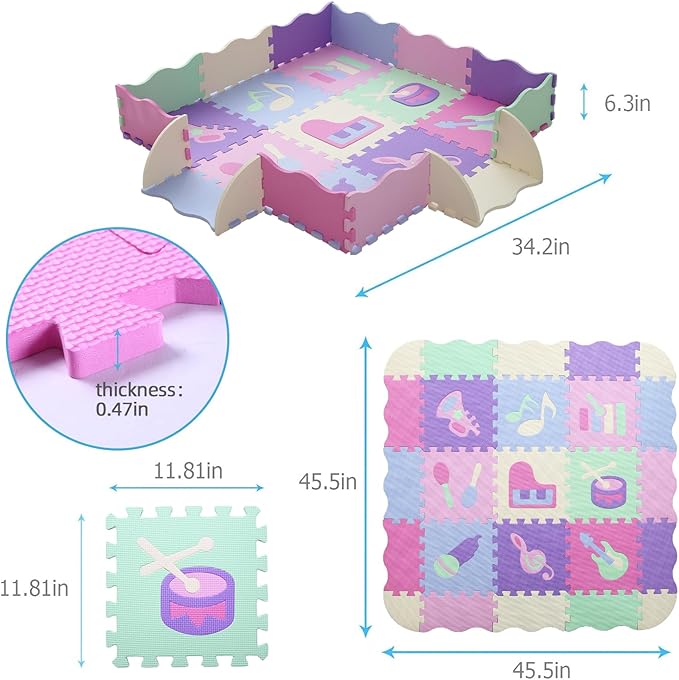 Foam Play Mat for Kids，25Pcs Square Interlocking Puzzle Floor Mat，Baby Play Mat Floor Mat Foam Puzzle Playmat for Toddlers with Fence（Musical Instrument-CSH016