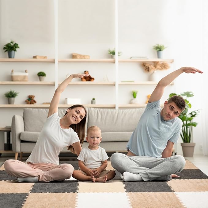 36 Pcs Plush Interlocking Carpet Tiles, Non-Toxic Foam Carpet Tiles for Toddler Baby, Machine-Washable, Anti-Slip, EVA Foam Interlocking Tiles for Floor, Nursery, Playroom, Grey White Light Brown