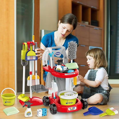 Kids Cleaning Set for Toddlers Pretend Play Housekeeping Supplies Kits with Real Working Vacuum Cleaner, Broom, Spray Bottle, Dust Pan and More Role Play Educational Toys for Toddler Boys Girls (Red)