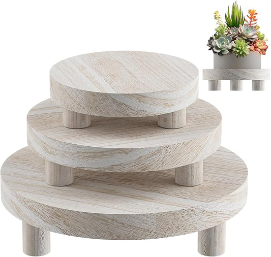 3 Pcs Wood Plant Stand Indoor Outdoor, Round Wood Riser for Decor 6/8/10" Wooden Stool Display Stand Flower Pot Holder Small Planter Tray Modern Potter Decorative for Desktop Counter Room