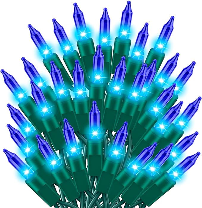 Ultra-Bright Connects End to End Blue Christmas Mini Lights 100L 19.6Ft UL Listed Incandescent Bulb String Light Set for Indoor Outdoor Holiday Garden Party Christmas Tree Garland Decor