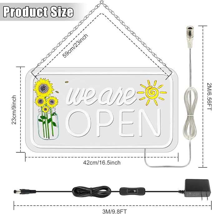 Neon We Are Open Signs for Business, 16.5x9'' Open Sign with Printed Flower and Sun, with ON/OFF Switch & Adapter, Warm White, Ideal for Window, Party, Wall, Bars, Coffee Shops, Salons, Clubs, Hotels