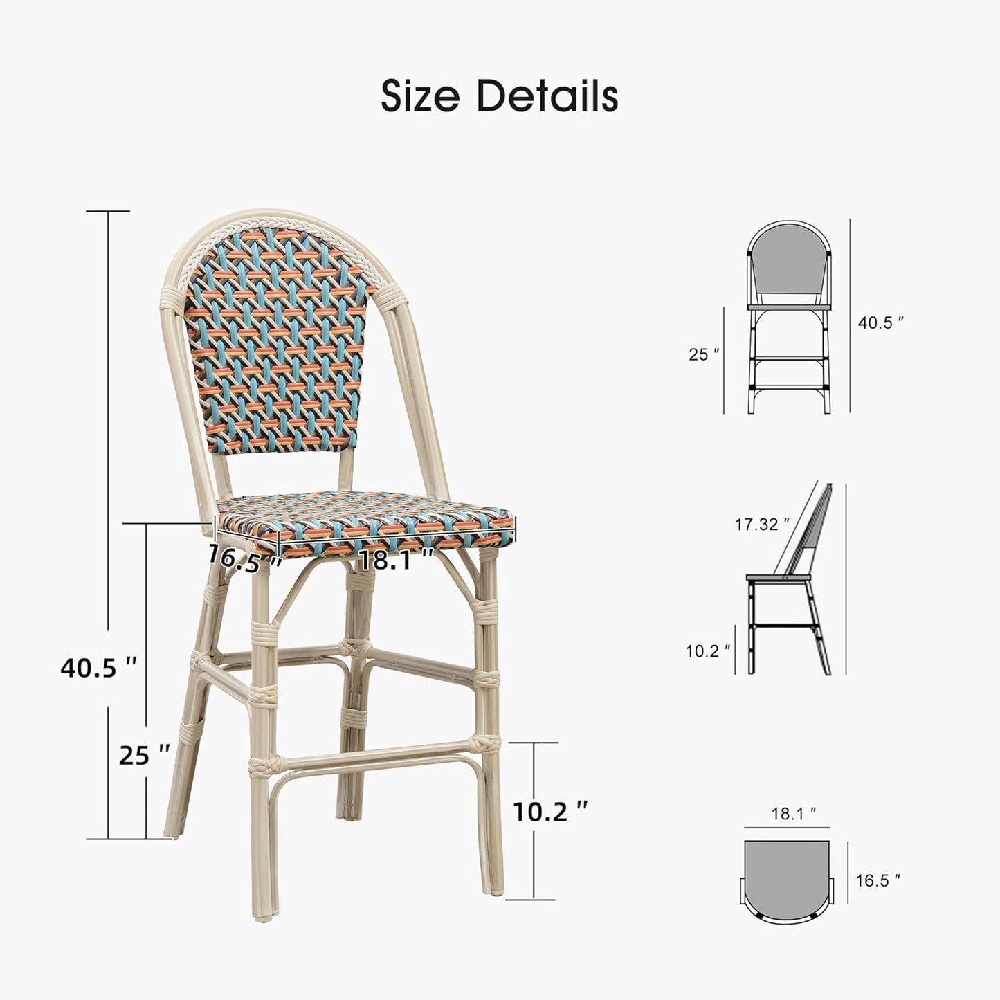 PURPLE LEAF French Counter Height Bar Stool Set of 2 25" White Print Finish Patio Bar Chairs with Back Rattan Bar Chairs French Bistro Set for Kitchen Outdoor Counter Stool Colorful