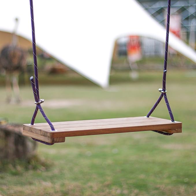 Teak Wood Swing 16.6"x7.5" - Outdoor Wooden Tree Swing Seat for Adults & Kids, Backyard Wood Swings with Height Adjustable Design