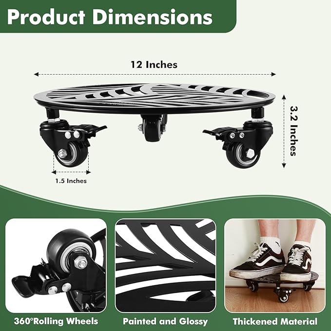2 Packs Metal Plant Caddy with 3 Wheels 12” Heavy-duty Wrought Iron Rolling Plant Stands with Casters Indoor and Outdoor Plant Pot Roller Base Plant Saucer Movers Black, Strong Load Capacity