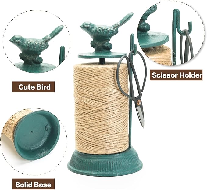Sungmor Cast Iron Garden Twine Holder Set - 1300ft. Natural Jute Twine String & Rope Rack & Scissors - Decorative & Practical Home Arts Crafts Tools for Picture Display Gift Wrapping Packing Gardening