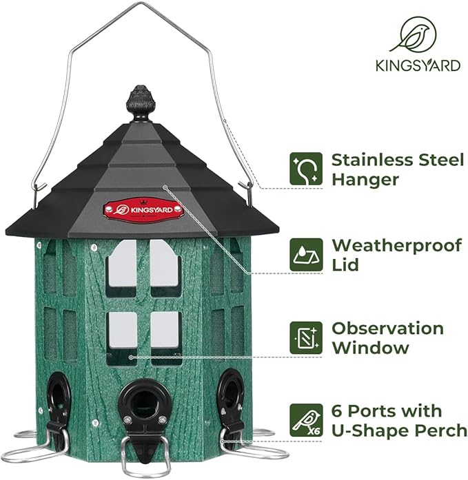 Kingsyard Wild Bird Feeder for Outdoor Hanging, Recycled Plastic Bird Feeders with 6 Ports & U-Shape Perch, Garden Yard Outside Decoration, 3.5 lbs Seed Capacity, Green