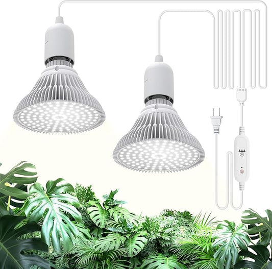 Hanging Grow Light for Indoor Plants, One Cord Double Head, 50W (25W X 2) Full Spectrum, White Led Plant Light Bulb with timer for Tall Plant, Pendant or Ceiling Installation, 16.4FT Power Cord