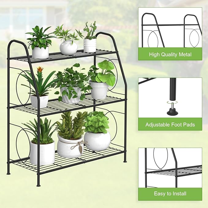 Plant Stand Indoor Outdoor, 3 Tier Metal Plant Stands, Plant Shelf for Living Room Balcony Garden