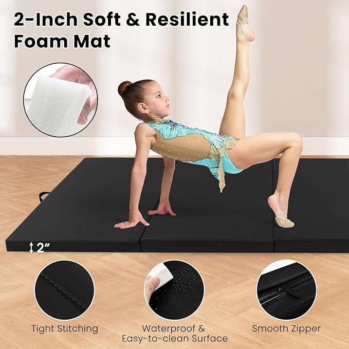 Giantex 4'x10'x 2" Gymnastics Mat, 4-Panel Folding Aerobics Exercise Mat w/Hook & Loop Fastener, Carrying Handle, Portable Tumbling Mat for Stretching Yoga Cheerleading Martial Arts