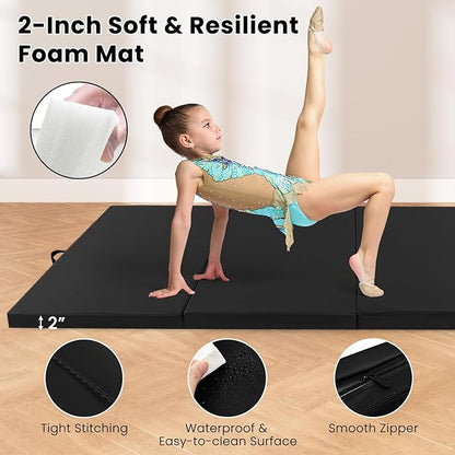 Giantex 4'x10'x 2" Gymnastics Mat, 4-Panel Folding Aerobics Exercise Mat w/Hook & Loop Fastener, Carrying Handle, Portable Tumbling Mat for Stretching Yoga Cheerleading Martial Arts