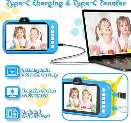Kids Camera with Rotating Zoom Lens, 3.5” Large Screen, 1080P Kids Digital Camera with Flash,Selfie, 32GB Card, Toddler Toy Camera Christmas Birthday Gifts for Boys Girls 3-12 Years Old-Blue