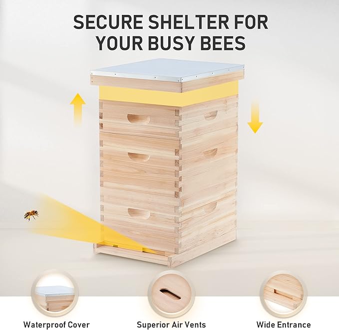 CREWORKS Bee Hive Boxes Starter Kit, 3 Layer Bee House with 10 Medium and 20 Deep Frames & Foundations, Langstroth Beehive for Bee Keeping, Beekeeping Supplies with Plastic Queen Excluder and Nails