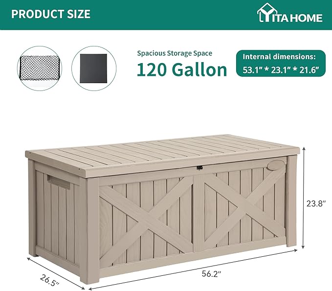 YITAHOME 120 Gallon Large Deck Box, Upgraded Resin Outdoor Storage Boxes w/Flexible Divider, Waterproof Cushion Storage Bench for Patio Furniture, Pool Supplies, Garden Tools - Lockable, Taupe