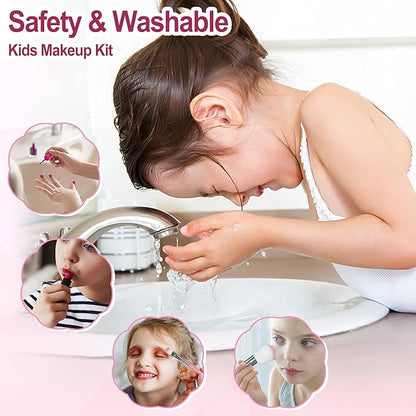 60 in 1 Kids Makeup Kit, with 3-Color Led Makeup Mirror Real Washable Kids Makeup Sets for Girls 5-8, Perfect Girl Birthday Gift, Age 3+