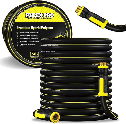 Garden Hose 50FT - PHLEX PRO Heavy-Duty Premium 5/8'' Rubber 3-Layer Water Hose - Innovation Flexible Hybrid Lightweight Water Hose, Full Brass Male to Female Fittings (RyobiGreen)