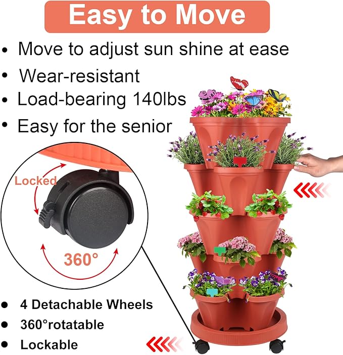 Vertical Planter, 5 Tier Stackable Strawberry Planter with Garden Tool Set, Movable Indoor/Outdoor Garden Herb Pot for Growing Vegetables and Succulents, Red