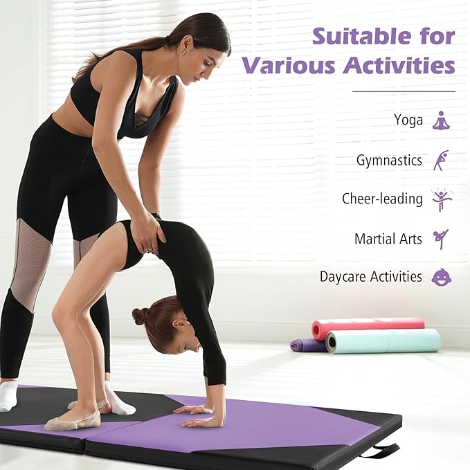 Giantex 4'x10'x 2" Gymnastics Mat, 4-Panel Folding Aerobics Exercise Mat w/Hook & Loop Fastener, Carrying Handle, Portable Tumbling Mat for Stretching Yoga Cheerleading Martial Arts