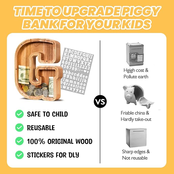 KMC Wooden Letter Piggy Bank, Personalized Initial Piggy Bank for Kids Boys, Clear Alphabet G Wood Money Box, Unbreakable Coin Saving Jar, Birthday, for Children