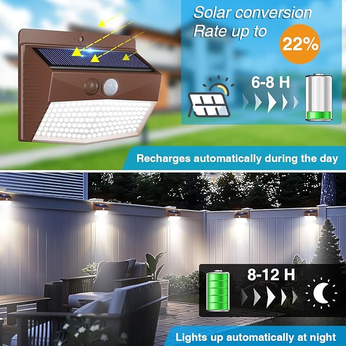 Peasur 2 Packs Solar Outdoor Lights Motion Sensor Solar Security Lights Waterproof with 3 Lighting Modes Solar Powered Wall Lights Outside for Garden Fence Yard Deck, Brown
