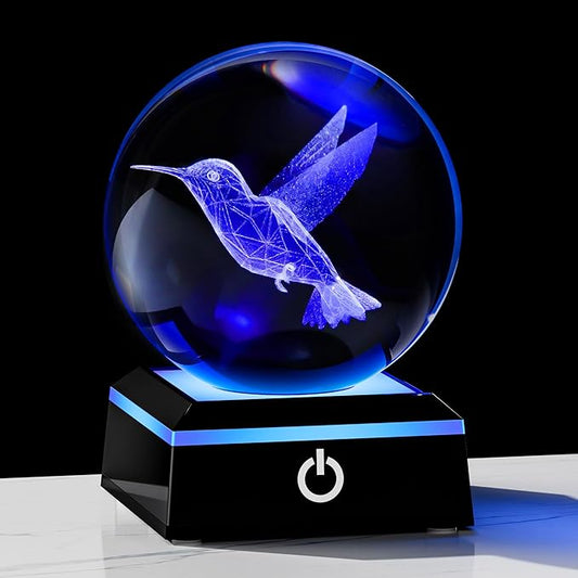 Qianwei 3D Crystal Ball Hummingbird Gift - 3.14'' 80mm Laser Decor Glass Animal Figurine Statue for Room Decorations With Night Light