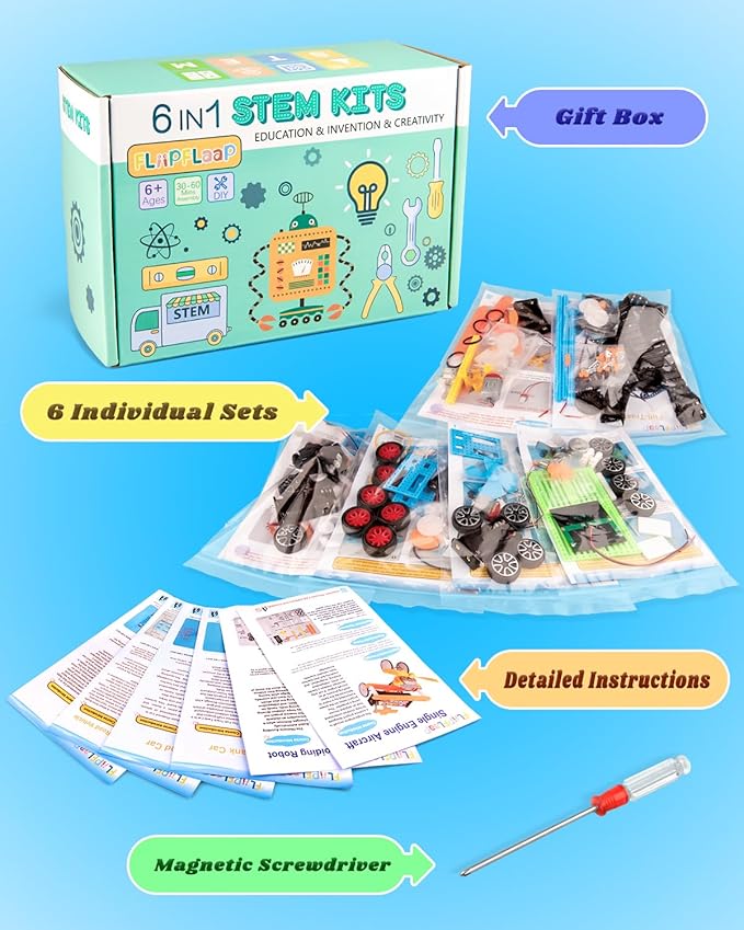 6-in-1 STEM Kit for Kids Ages 6-12, STEM Toys for Boys Ages 8-12, Robot Building Kit & Car Crafts for Kids, Science Activities Robotics Kits for 6 7 8 9 10 12 Year Old Boys Girl Birthday Gifts