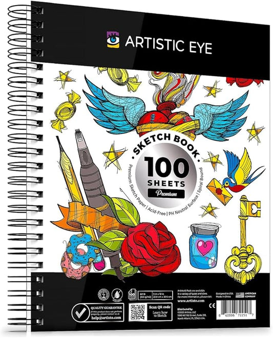 ARTISTIC EYE 9x12 Premium Sketch Book Set, 100 Sheets, Spiral Bound, 68lb (100gsm), Acid-Free Drawing Paper, Ideal for Kids, Teens & Adults (Set of 1)