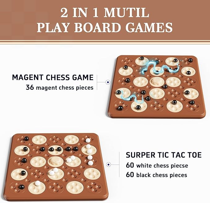 Magnetic Game Chess, Magnet Game, Magnetic Board Game for Kids Adults Family Games Night, 2 in 1 Multiplayer Magnet Chess Toy with 36 Stones & Connect-5-Piece Games, Magnet Chess Set Gift(Brown)