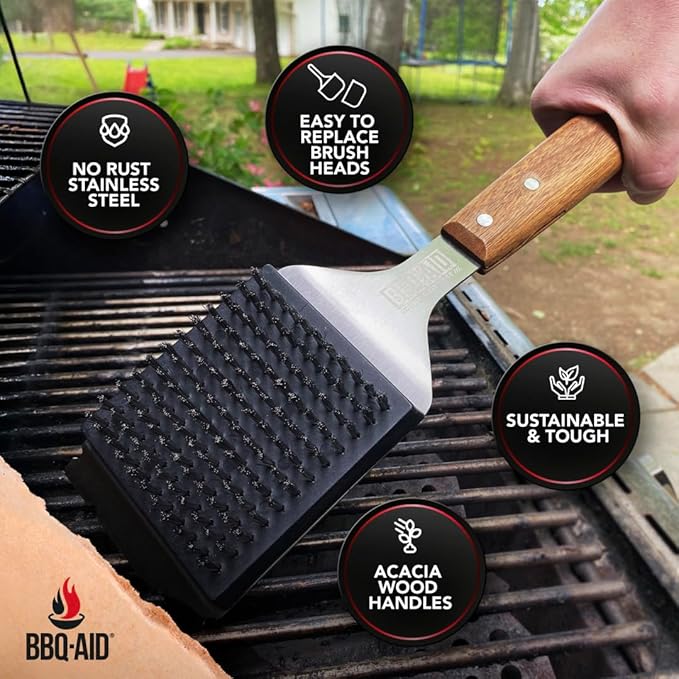 BBQ-Aid Grill Brush and Scraper for Barbecue – Grill Brush for Outdoor Grill with Extended, Large Wooden Handle and Replaceable Stainless Steel Bristles Head –No Scratch- BBQ Grill Brush for Any Grill