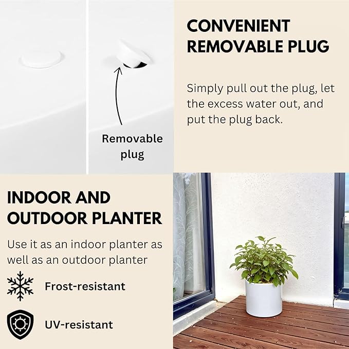 Fox & Fern 8 Inch Plant Pot with Drainage Plug — Premium Lightweight Fiberstone Glossy White Planter; Indoor & Outdoor Planter; 8 Inch Pots for Plants; Weather Resistant & UV Resistant