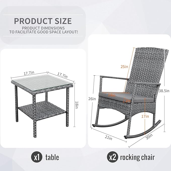 Outdoor Rocking Chair 3 Pieces High-Backed Rocking Chair Patio Rocking Chairs Outdoor Table and Chairs Anti-Slip Cushions Dark Grey