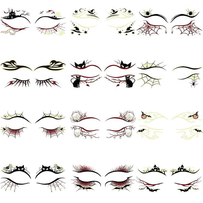 Glow in Dark Halloween Eyeliner Temporary Tattoos for Adults, 12 Pairs Luminous Eyes Fake Tattoos, Gothic Spooky Designs with Spiders Web, Bats, Cats, Skulls, Black