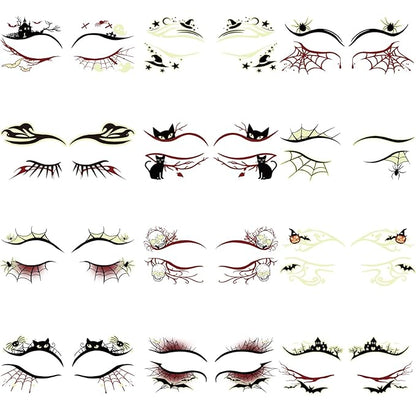 Glow in Dark Halloween Eyeliner Temporary Tattoos for Adults, 12 Pairs Luminous Eyes Fake Tattoos, Gothic Spooky Designs with Spiders Web, Bats, Cats, Skulls, Black