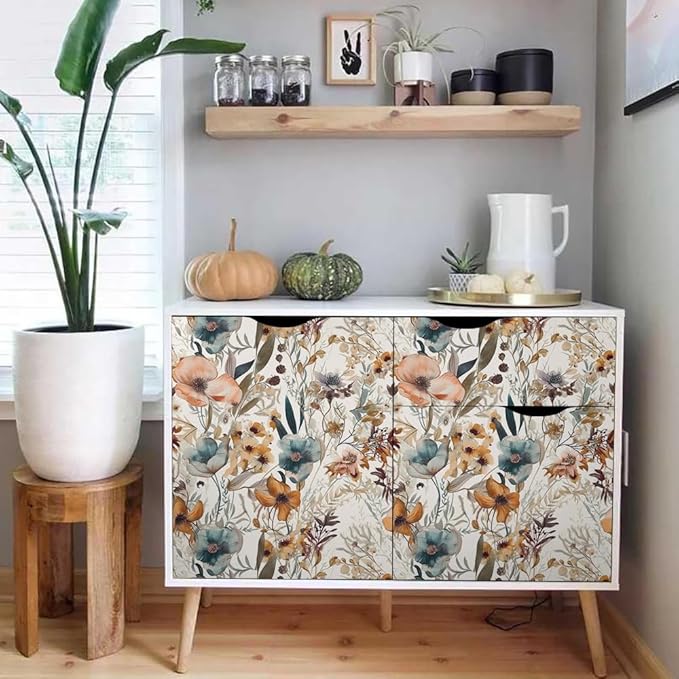 Boho Flowers Brown Leaf Plants Botanical Peel and Stick Wallpaper Self Adhesive Removable Easy Peel Off Stick on Wall Paper for Bedroom Cabinet Renter Friendly