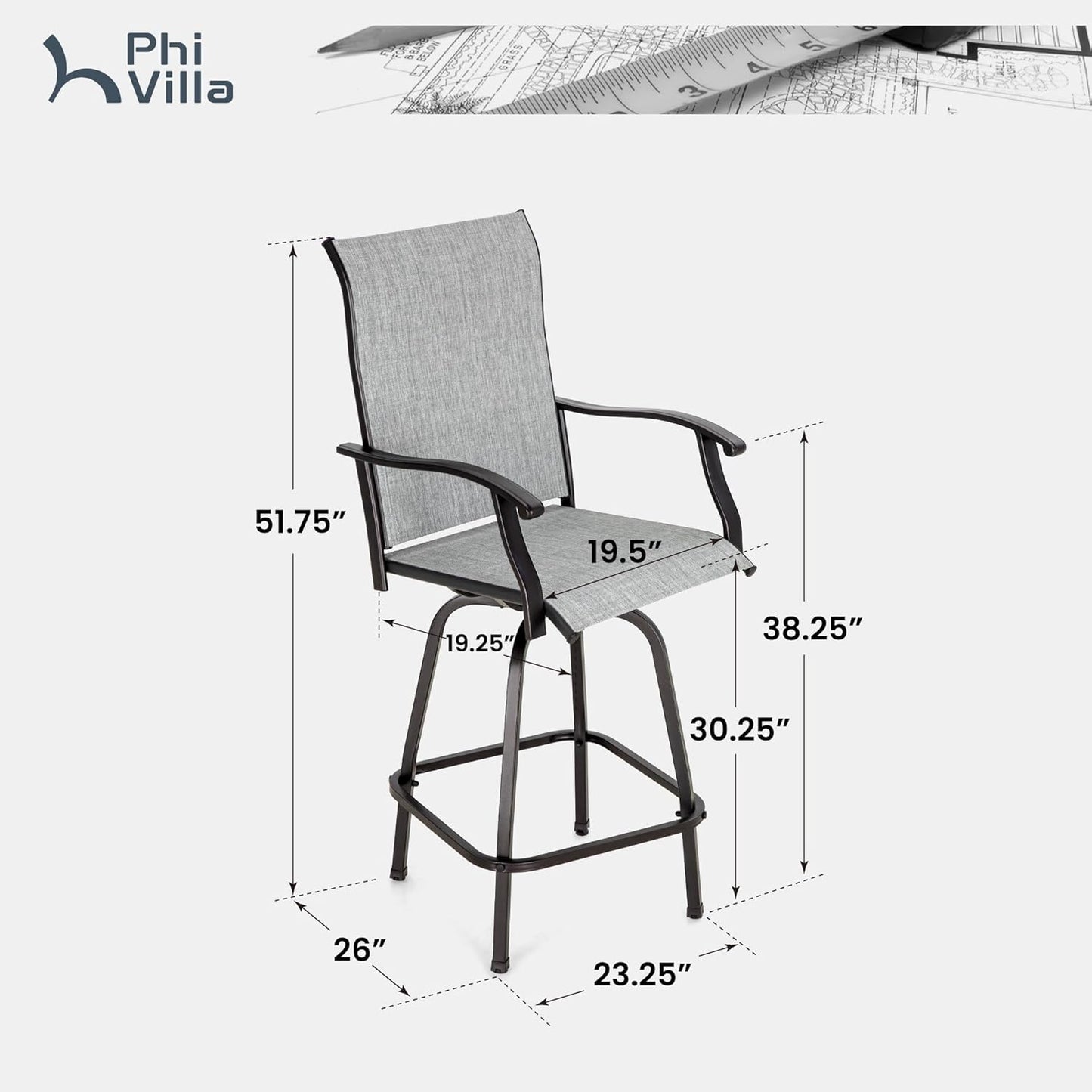 PHI VILLA Outdoor Swivel Patio Bar Stools Set of 4, 30 Inch Bar Height Tall Patio Chairs with Back & Armrest, Durable Textilene Fabric in Grey for Deck Lawn Garden