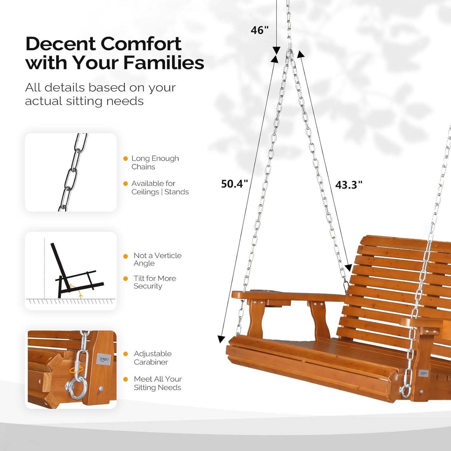 VINGLI XL Size Patio Wooden Porch Swing Outdoor with Cup Holders, Heavy Duty 880 LBS Hanging Swing Chair Bench with Hanging Chains for Yard, Lawn, Garden (4 FT Pro, Brown)