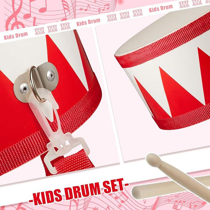Kids Drum Set 8 Inch Wooden Toy Drum with Adjustable Strap 2 Drumsticks Educational Sensory Musical Instrument Toy Set for Toddlers Kid Baby Boys Girls Gift(Red Triangle Style)