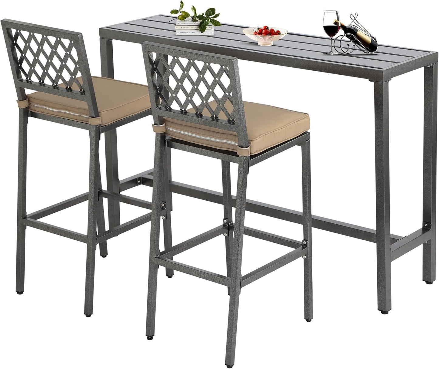 3-Piece Outdoor Patio Bar Set, Bar Height Patio Dining Set, Weather-Resistant Bistro Counter Pub Set with Cushions & Slatted Tabletop for Backyard, Garden, Yard