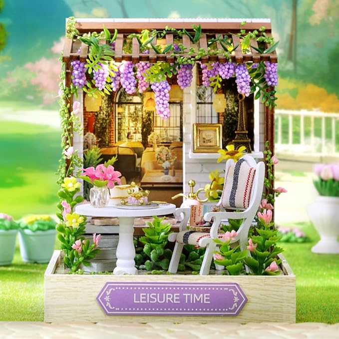 OZJAY DIY Miniature House Kit with Dust Proof Cover, 1:24 Scale Creative Room Mini DIY Wooden Dollhouse Miniature Kit for Adults Teen(Leisure Time)