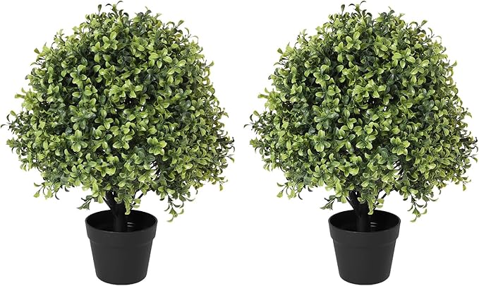THE BLOOM TIMES 2ft Faux Boxwood Plants Outdoor Set of 2, Topiary Balls Artificial Outside Trees, 24" UV Resistant Fake Greenery Bushes & Shrubs for Front Porch Planter