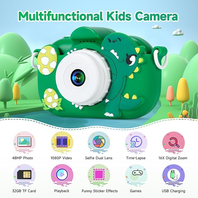 Kids Camera Boys Toys for 3 4 5 6 7 8 9 Years Old Boys, 48MP Dual Lens Kids Digital Camera Christmas Birthday Gifts, 1080P HD Video Selfie Toddler Camera with 32G SD Card