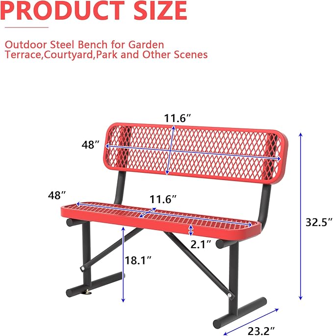 Heavy Duty Park Bench with Back Portable Frame, Outdoor Steel Bench with Backrest, Outdoor Park Bench Expanded Metal Mesh Bench for Lawn, Park, Deck, Garden, Patio, Porch, Black (Red, 4FT)