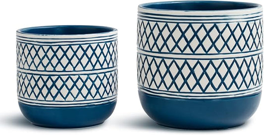 Ceramic Plant Pots, 6 + 4.7 inch Blue Plant Pot, Flower Pots for Indoor Plants， Planter with Drainage Hole for Succulent Orchid Snake Plants Cactus