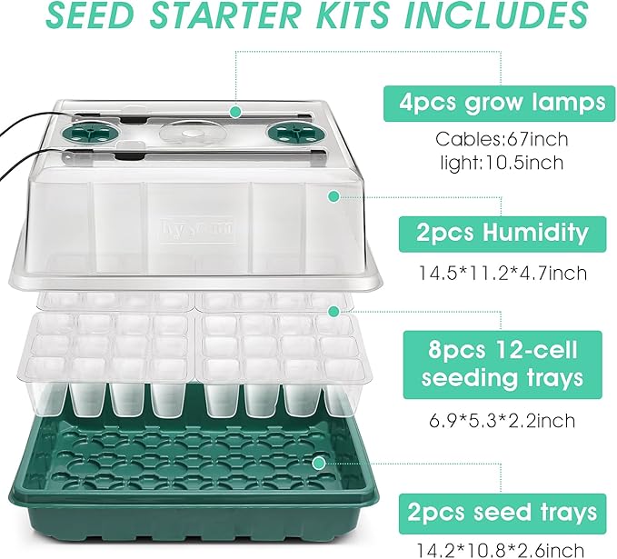 Seed Starter Tray with Grow Light, 96-Cell Seed Starter Kit, Seedling Starter Trays with Humidity Domes, Automatic Timer, Adjustable Light Indoor Gardening Plant Germination Trays