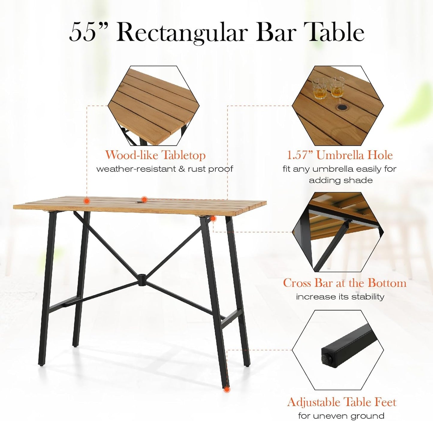 Sophia & William Outdoor Bar Set, Patio Bar Table and Chairs Set, Bar Height Patio Set - 4 x Swivel Bar Chairs(Brown), 1 x Rectangular Bar Table(Wood-Like)