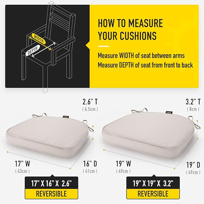 SUNROX Gel Memory Foam Chair Cushions, FadeShield Water-, Stain-Resistant Durable Reversible Seat Cushion Pads with Ties for Indoor/Outdoor Kitchen Dining Office, 19"x19", Set of 2, Cream