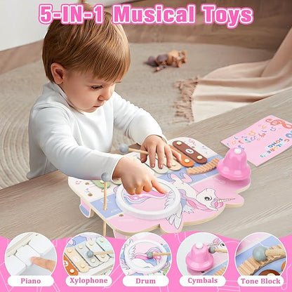 Kids Piano Musical Toys - 5 in 1 Wooden Music Instruments Montessori Toys for Baby Toddler, Sensory Toys with Drum Xylophone, Preschool Educational Toys, Birthday Gifts for Girls Boys Pink